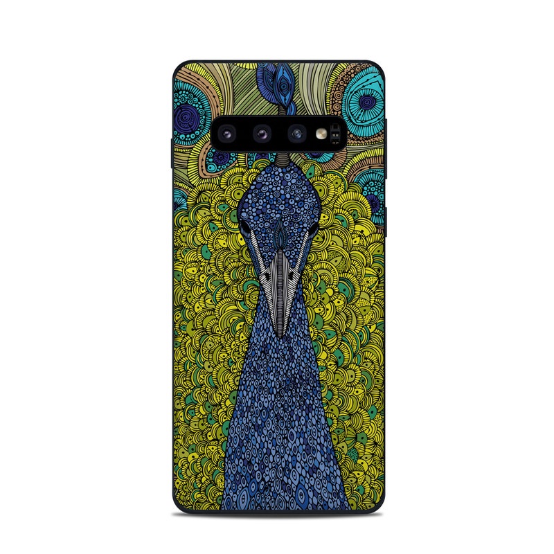Samsung Galaxy S10 Skin design of Peafowl, Bird, Feather, Pattern, Art, Phasianidae, Galliformes, Design, Psychedelic art, Symmetry with green, blue, yellow colors