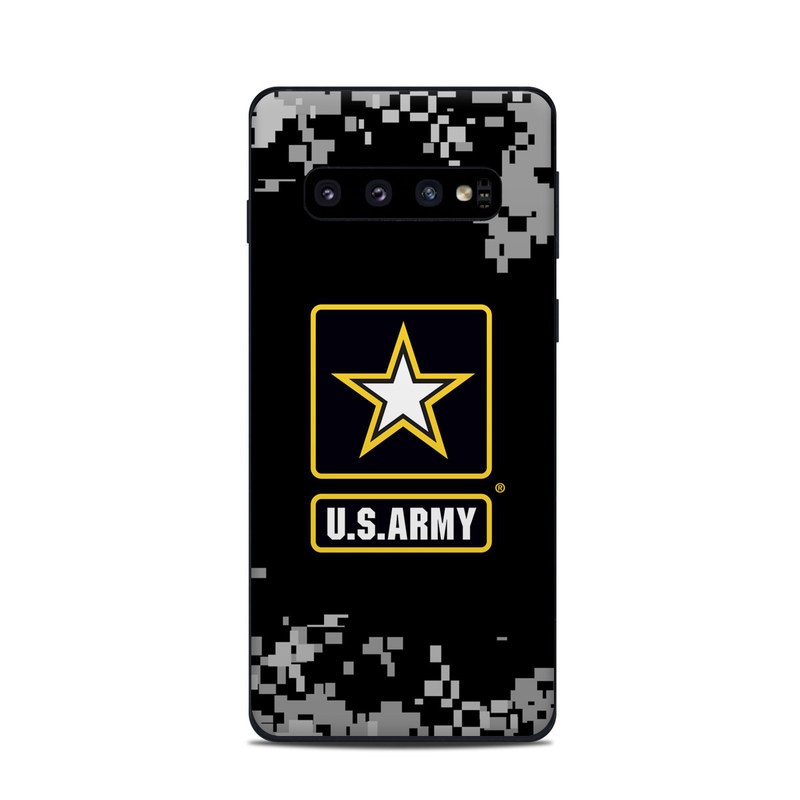 Samsung Galaxy S10 Skin design of Logo, Design, Font, Graphics, Pattern, Games, with black, gray, orange, white colors