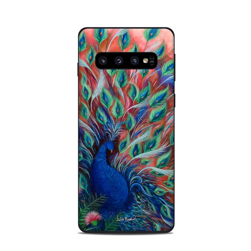 Samsung Galaxy S10 Skin design of Painting, Acrylic paint, Bird, Child art, Art, Galliformes, Peafowl, Visual arts, Watercolor paint, Plant, with black, red, gray, blue, green colors
