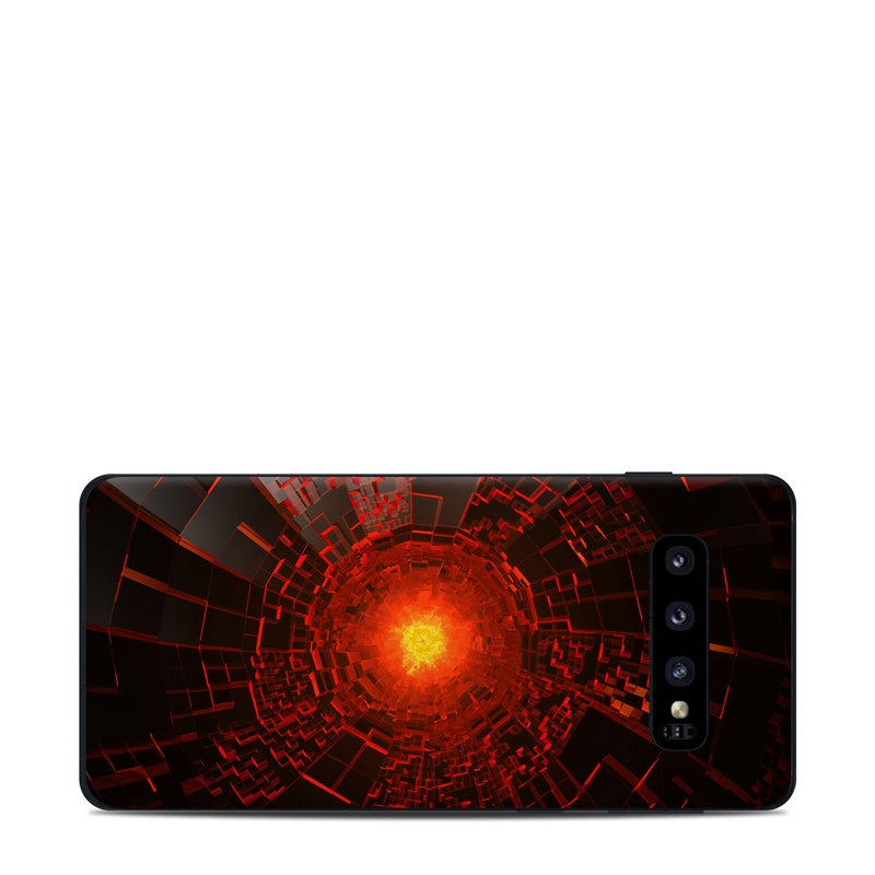 Samsung Galaxy S10 Skin design of Red, Fractal art, Light, Circle, Design, Art, Graphics, Symmetry, Pattern, Space, with black, red colors
