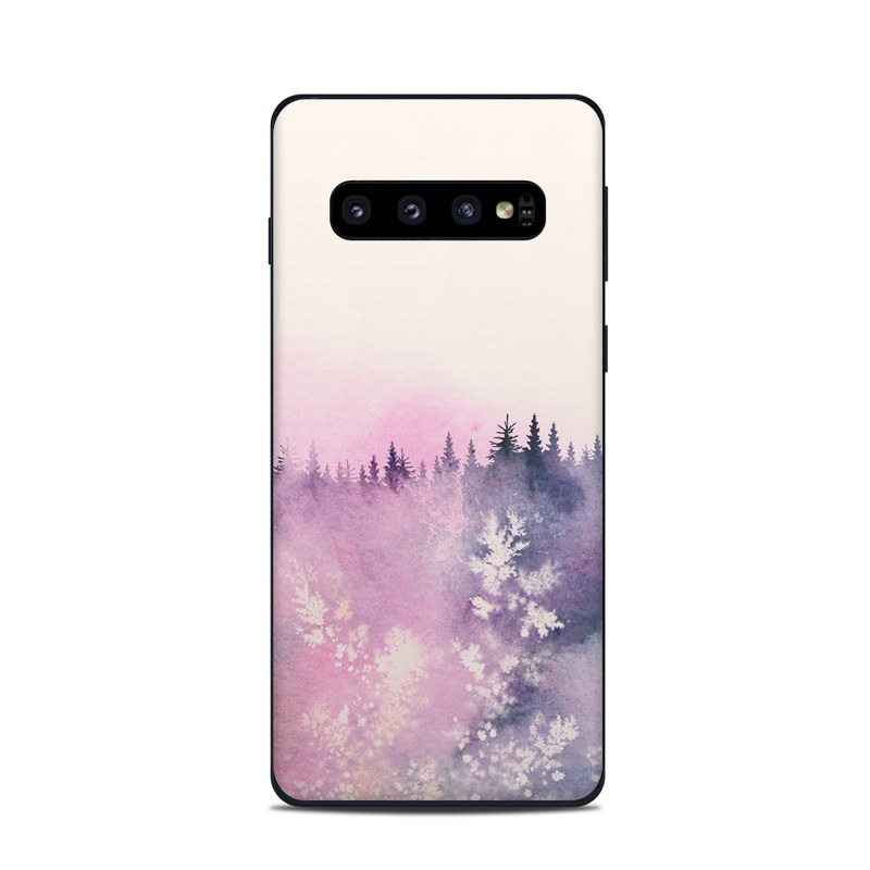 Samsung Galaxy S10 Skin design of Watercolor paint, Sky, Atmospheric phenomenon, Tree, Atmosphere, Cloud, Landscape, Forest, Painting, Illustration, with white, yellow, pink, purple, blue, black colors