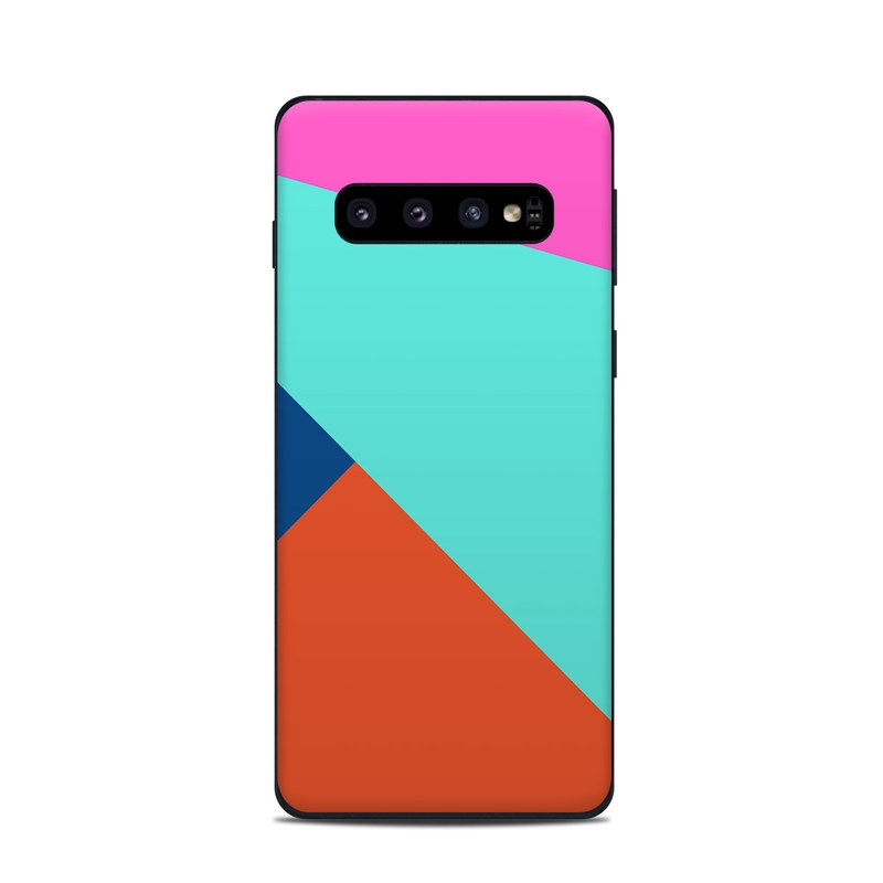 Samsung Galaxy S10 Skin design of Blue, Colorfulness, Turquoise, Line, Azure, Triangle, Pattern, Graphic design, Magenta, with blue, pink, orange, red colors