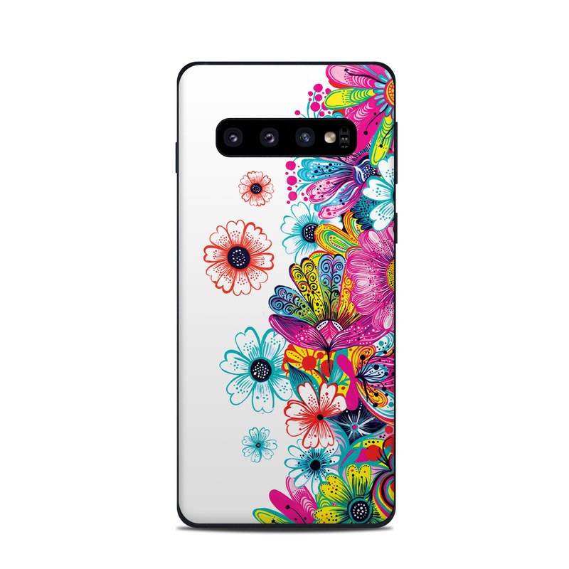 Samsung Galaxy S10 Skin design of Pattern, Floral design, Design, Graphic design, Flower, Wildflower, Plant, Graphics, Clip art, Visual arts, with white, pink, blue, yellow, purple, red colors