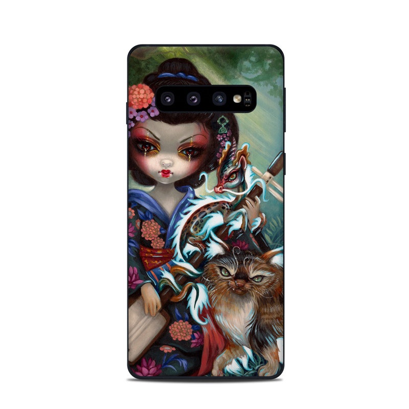 Samsung Galaxy S10 Skin design of Cat, Felidae, Whiskers, Illustration, Art, Small to medium-sized cats, Doll, Kitten, Norwegian forest cat, Fawn, with black, white, red, brown, blue, green, pink, purple colors