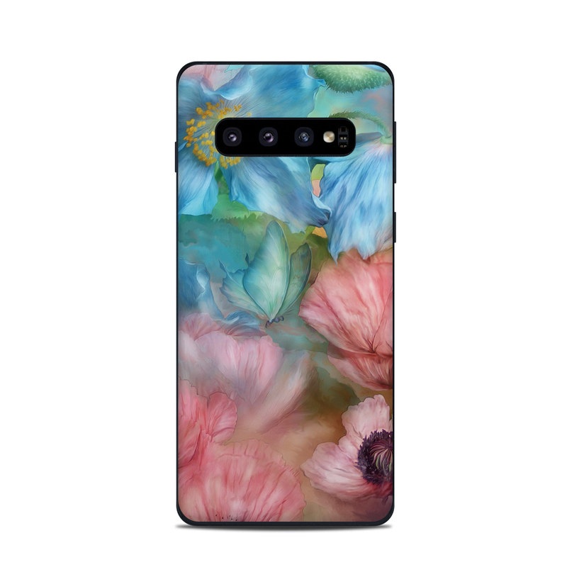 Samsung Galaxy S10 Skin design of Flower, Petal, Watercolor paint, Painting, Plant, Flowering plant, Pink, Botany, Wildflower, Still life, with gray, blue, black, red, green colors