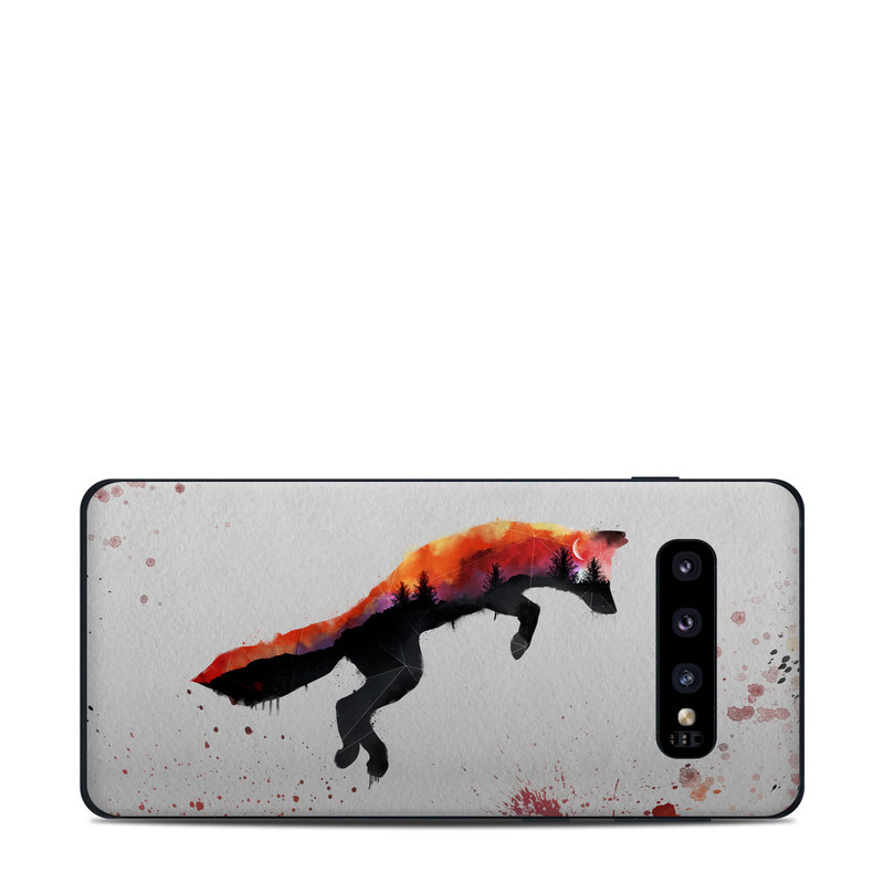 Samsung Galaxy S10 Skin design of Illustration, Watercolor paint, Art, Graphic design, Painting, Red fox, Visual arts, Paint, Drawing, Tail, with gray, black, red, yellow, orange, white colors