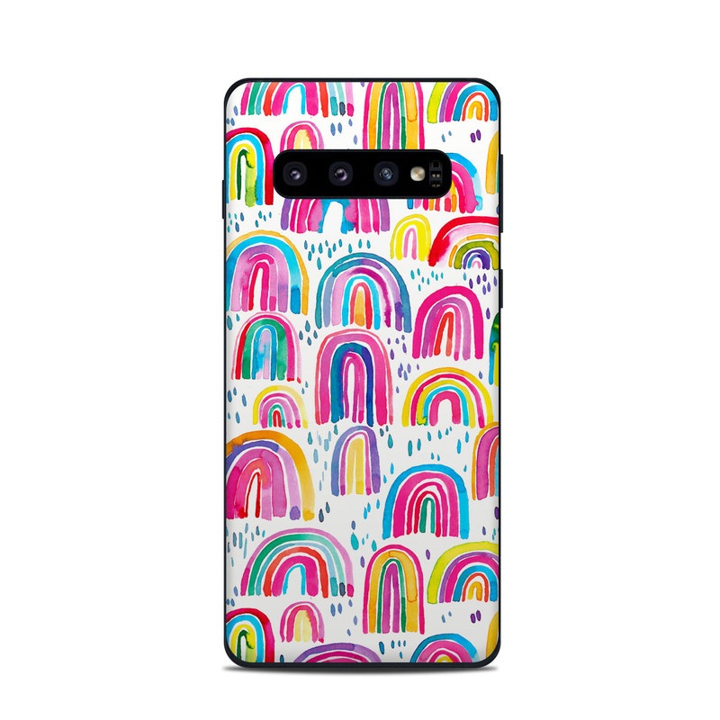 Samsung Galaxy S10 Skin design of Line, Pattern, Design, with white, orange, yellow, blue, pink, red, green colors