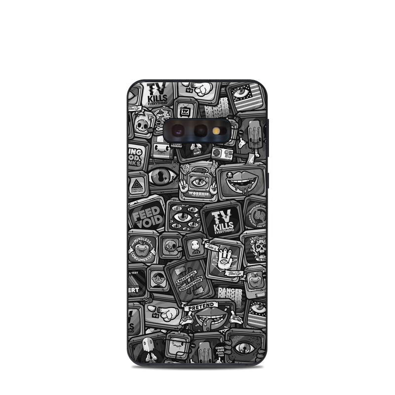 Samsung Galaxy S10e Skin design of Font, Text, Pattern, Black-and-white, Design, Photography, Stock photography, Illustration, Monochrome, Drawing, with black, white, gray colors