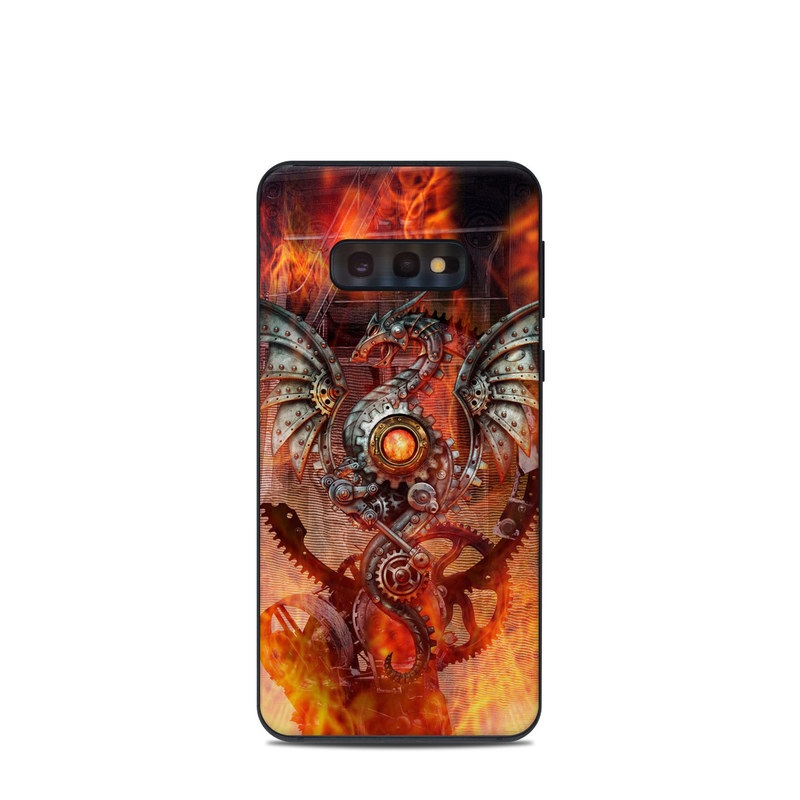 Samsung Galaxy S10e Skin design of Dragon, Demon, Cg artwork, Illustration, Fictional character, Fractal art, Flame, Art, Mythology, Supernatural creature, with red, black, orange, pink, green colors