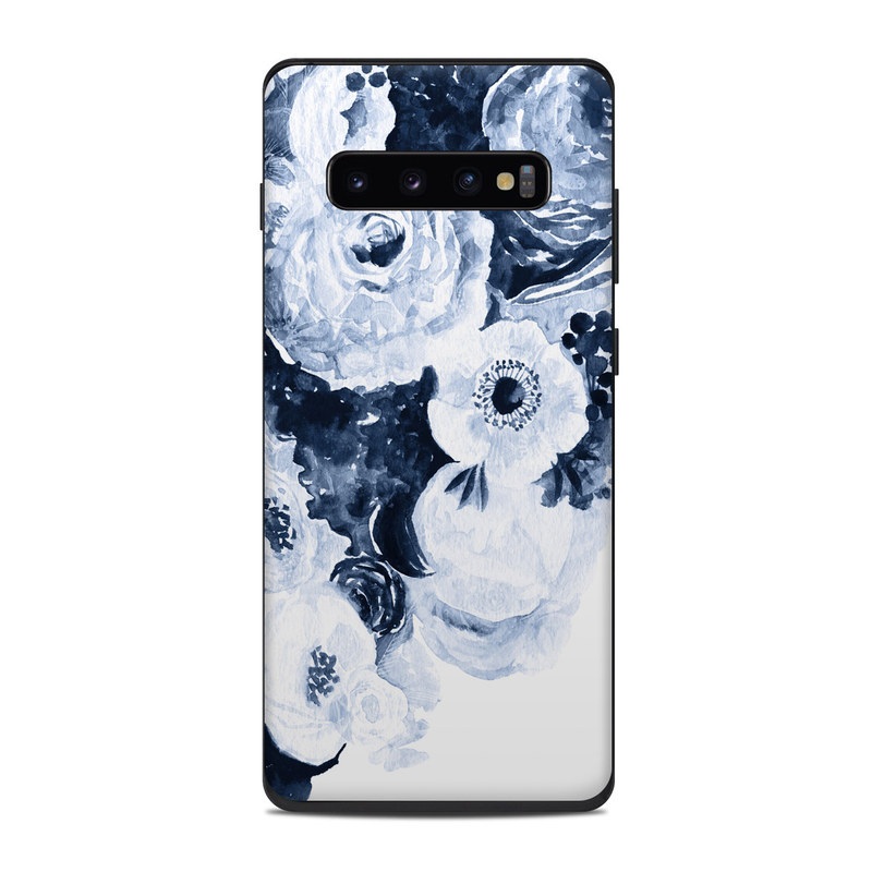 Samsung Galaxy S10 Plus Skin design of White, Flower, Cut flowers, Garden roses, Plant, Bouquet, Rose, Black-and-white, Rose family, Still life, with white, blue colors