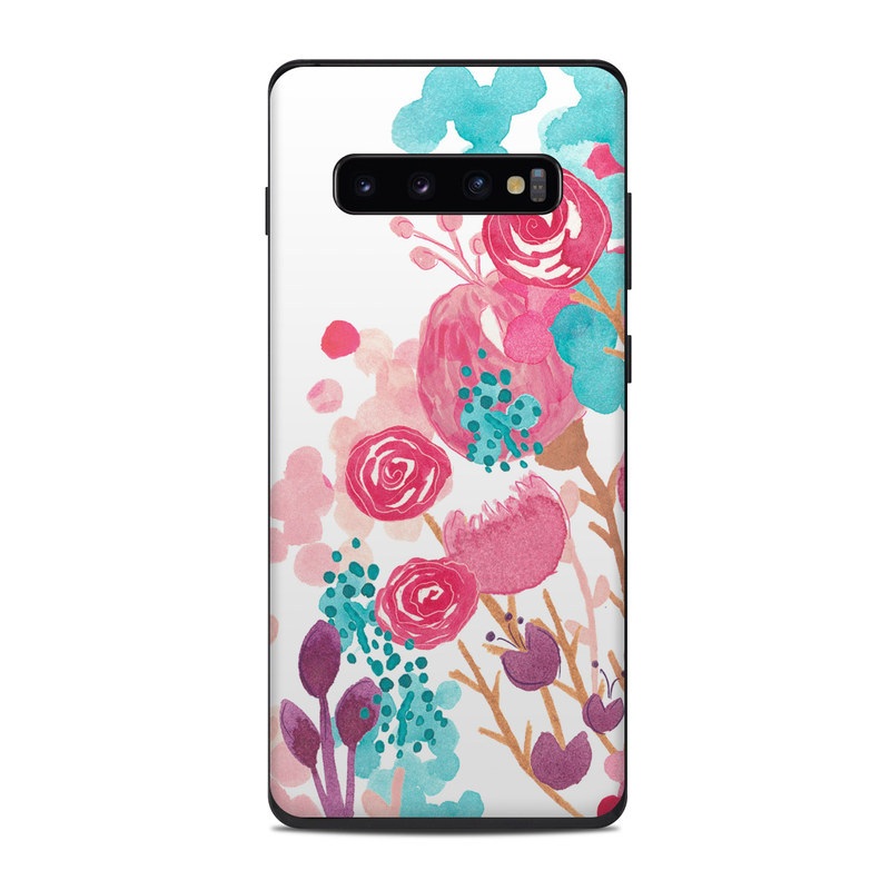 Samsung Galaxy S10 Plus Skin design of Pink, Pattern, Design, Illustration, Clip art, Plant, Graphics, Art, with white, pink, purple, blue, red colors