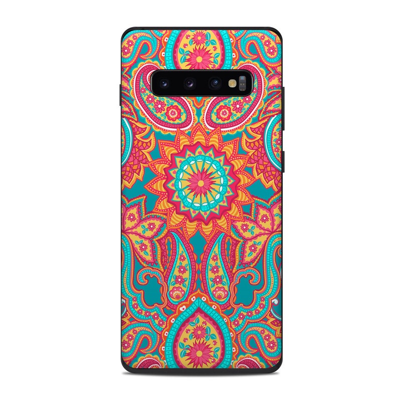 Samsung Galaxy S10 Plus Skin design of Pattern, Paisley, Motif, Visual arts, Design, Art, Textile, Psychedelic art, with orange, yellow, blue, red colors