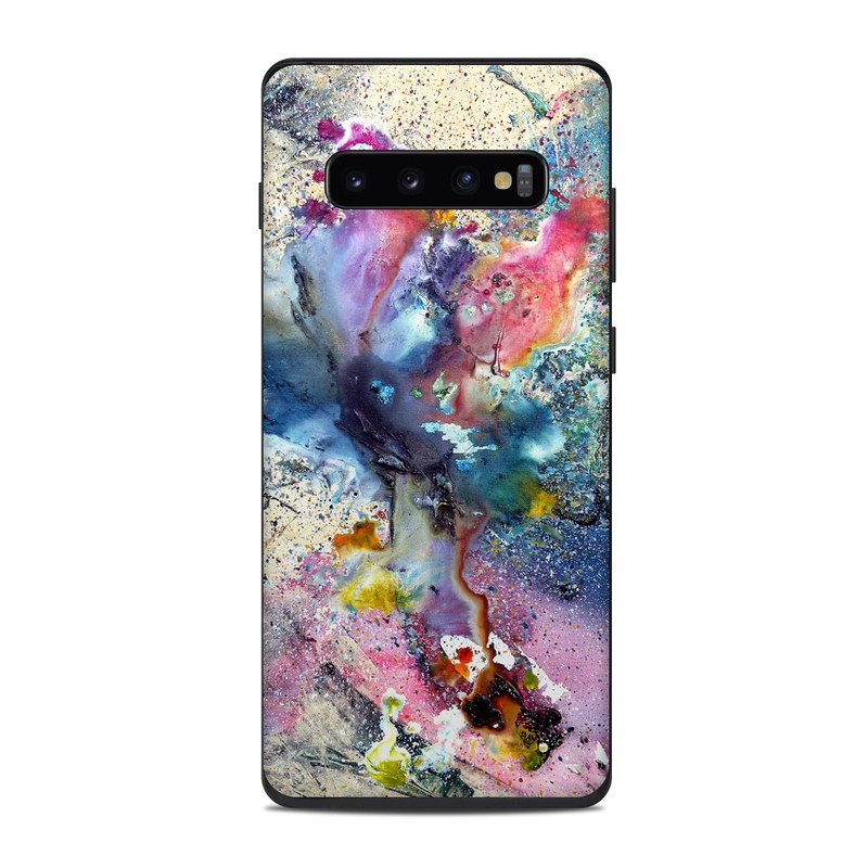 Samsung Galaxy S10 Plus Skin design of Watercolor paint, Painting, Acrylic paint, Art, Modern art, Paint, Visual arts, Space, Colorfulness, Illustration, with gray, black, blue, red, pink colors