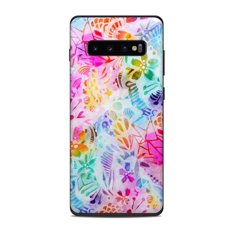 Samsung Galaxy S10 Plus Skin design of Pattern, Design, Textile, Art, with gray, pink, purple, blue colors