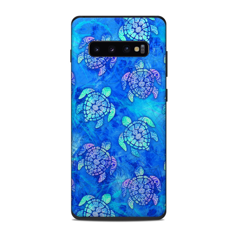 Samsung Galaxy S10 Plus Skin design of Blue, Pattern, Organism, Design, Sea turtle, Plant, Electric blue, Hydrangea, Flower, Symmetry with blue, green, purple colors