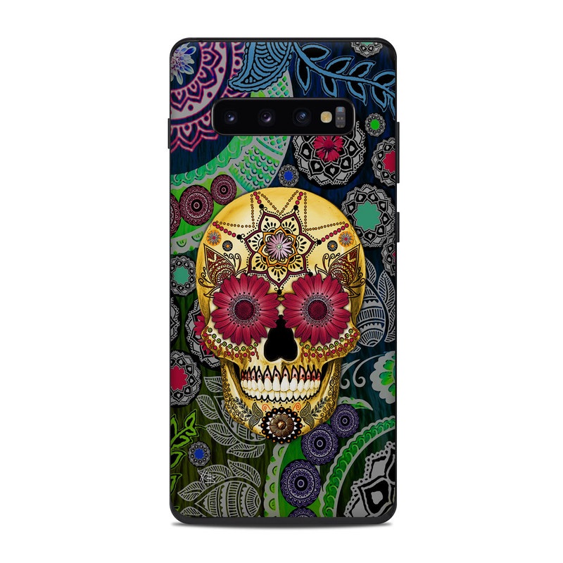 Samsung Galaxy S10 Plus Skin design of Skull, Bone, Pattern, Psychedelic art, Visual arts, Design, Illustration, Art, Textile, Plant, with black, red, gray, green, blue colors