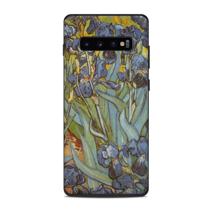Samsung Galaxy S10 Plus Skin design of Painting, Plant, Art, Flower, Iris, Modern art, Perennial plant, with gray, green, black, red, blue colors