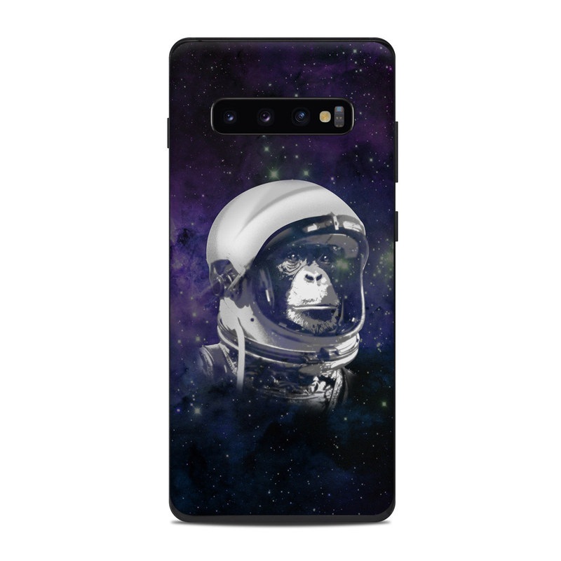 Samsung Galaxy S10 Plus Skin design of Helmet, Astronaut, Personal protective equipment, Illustration, Space, Outer space, Headgear, Fictional character, Sports gear, Football gear with black, gray, blue, white colors