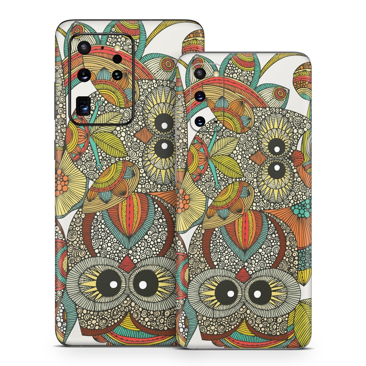 Samsung Galaxy S20 Series Skin design of Owl, Pattern, Visual arts, Art, Design, Textile, Illustration, Motif, Bird, with white, green, orange, yellow, blue, red colors