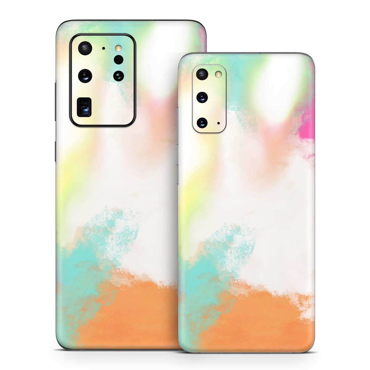 Samsung Galaxy S20 Series Skin design of Sky, Yellow, Orange, Pink, Art, Illustration, Visual Arts, Pattern, Colorfulness, Watercolor Paint, with white, pink, orange, yellow, blue, brown colors