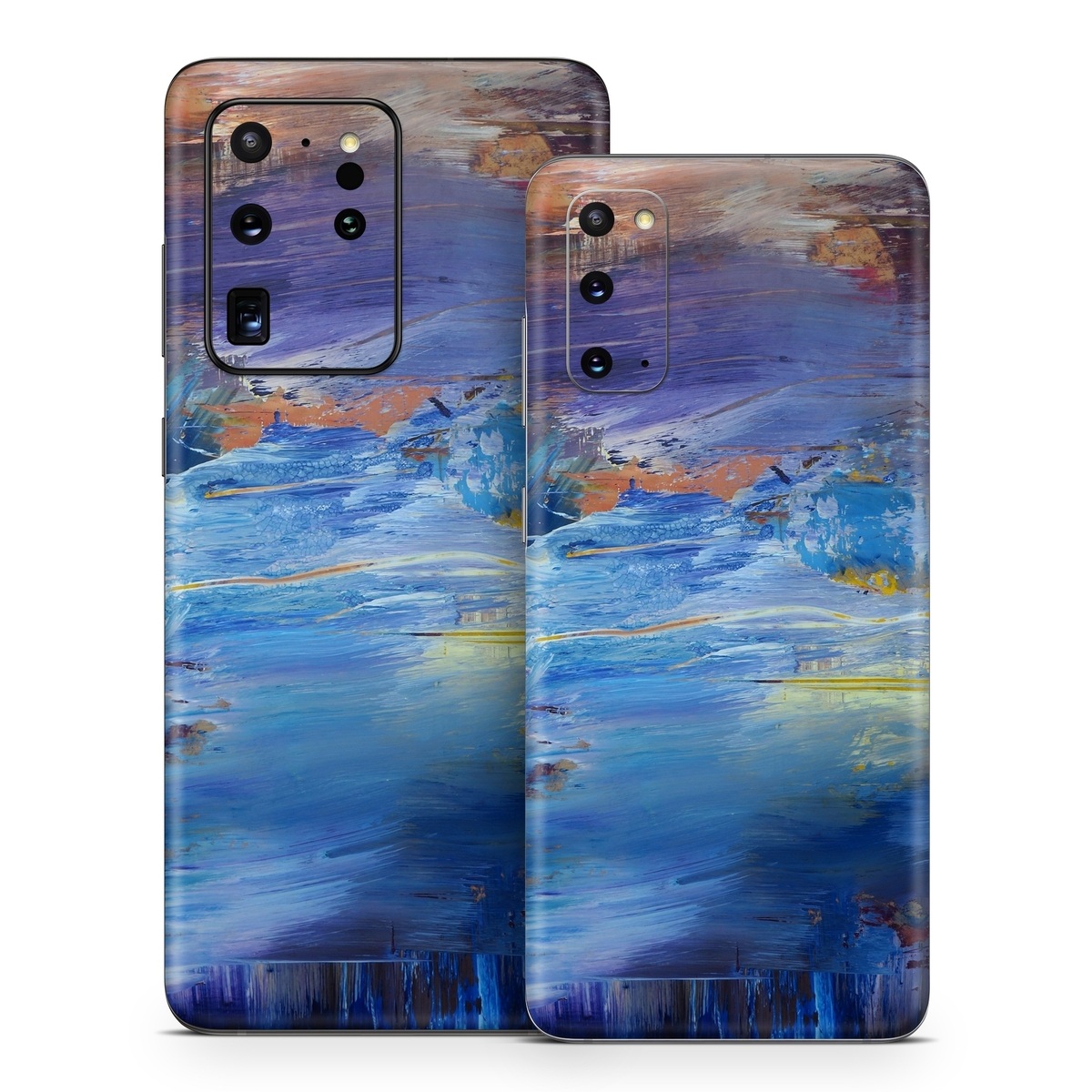 Samsung Galaxy S20 Series Skin design of Painting, Blue, Modern art, Acrylic paint, Sky, Watercolor paint, Art, Visual arts, Paint, Electric blue, with blue, purple, yellow, brown, orange, black colors
