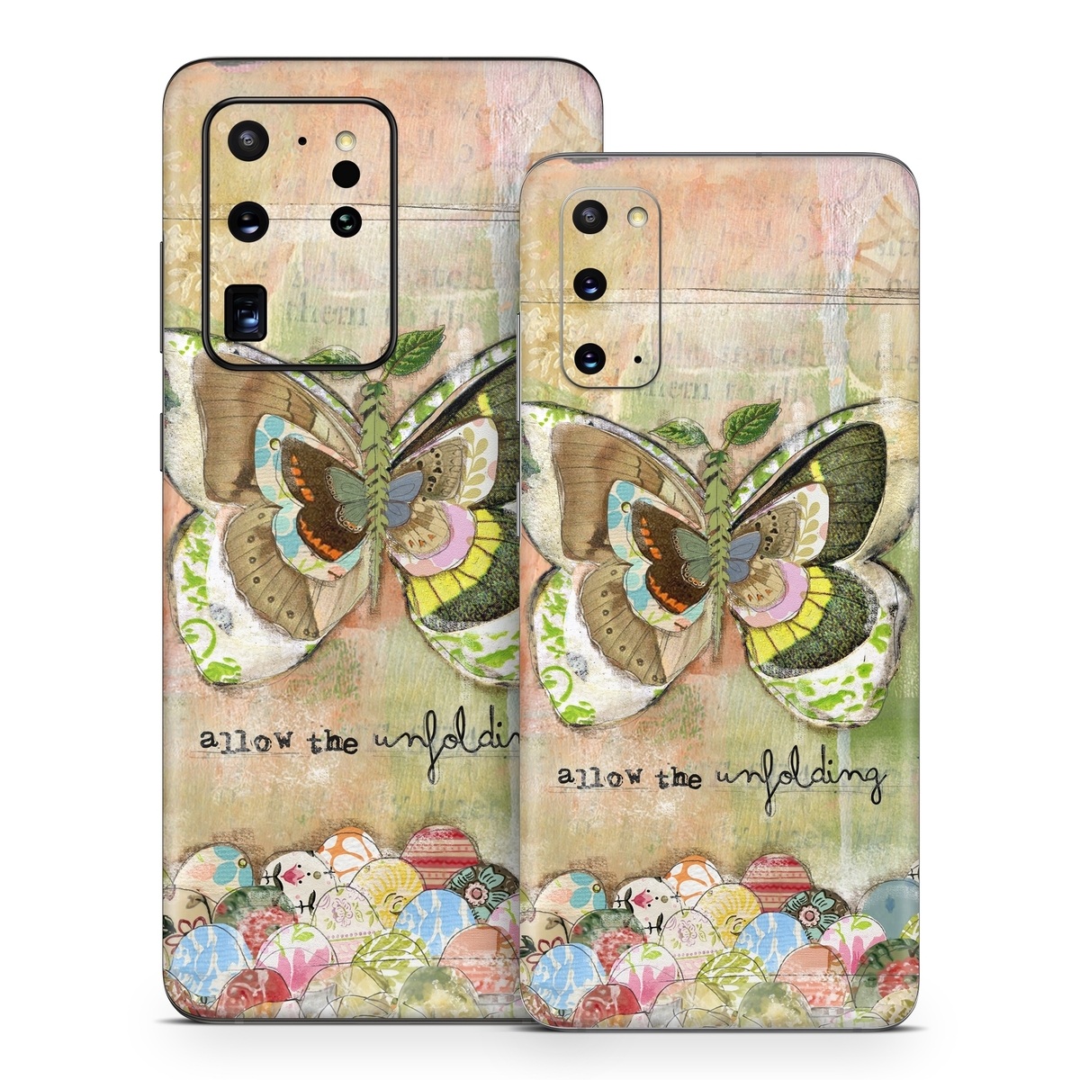 Samsung Galaxy S20 Series Skin design of Butterfly, Art, Fictional character, Pollinator, Moths and butterflies, Watercolor paint, Illustration, with green, brown, yellow, blue, pink, red colors