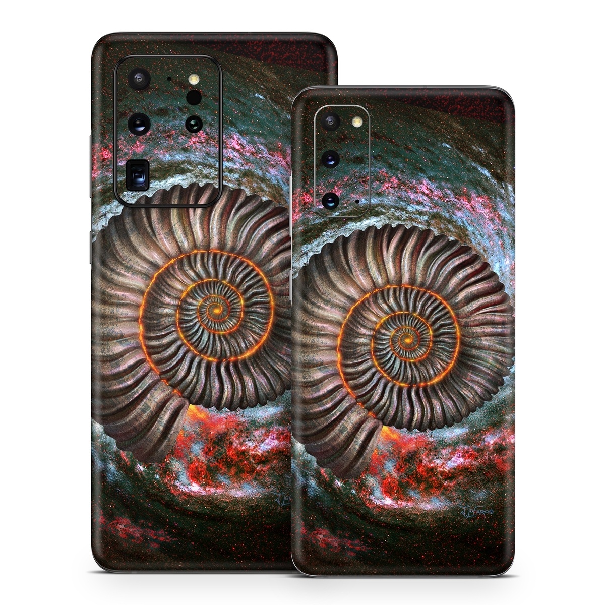 Samsung Galaxy S20 Series Skin design of Spiral, Fractal art, Vortex, Circle, Art, Ammonoidea, with black, brown, red, white, blue, green colors