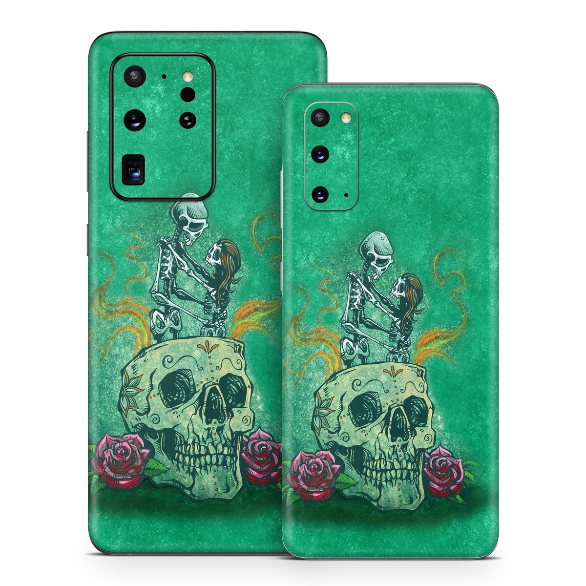 Samsung Galaxy S20 Series Skin design of Bone, Skull, Aqua, Pattern, Electric blue, Fashion accessory, Font, Fictional character, Art, Grass, with green, pink, red, yellow, orange, white, gray colors