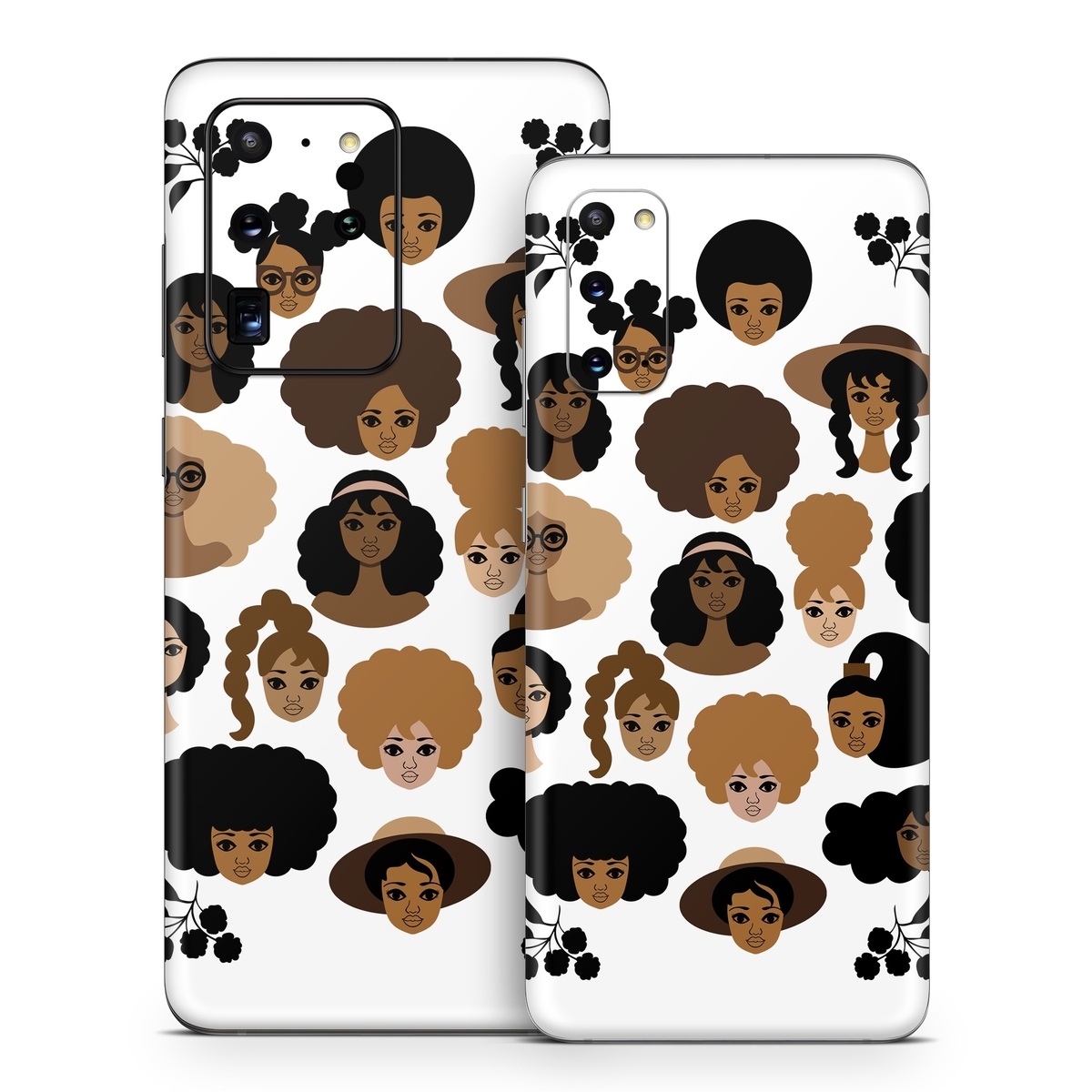 Samsung Galaxy S20 Series Skin design of Hair, People, Facial expression, Hairstyle, Cartoon, Head, Afro, Clip art, Font, Black hair, with black, brown, white colors