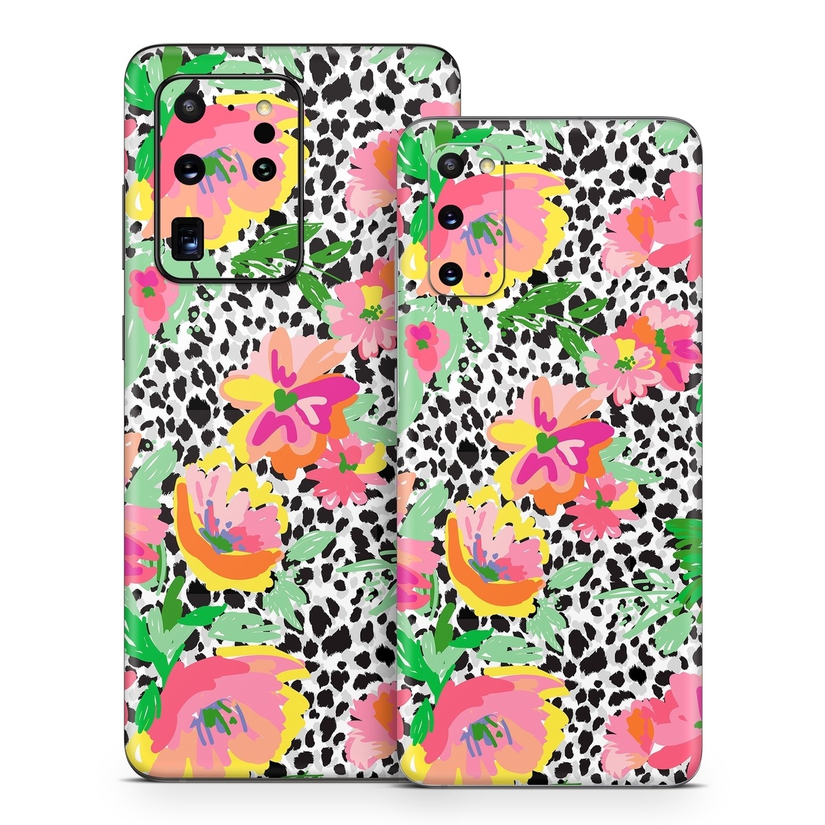 Samsung Galaxy S20 Series Skin design of Flower, Petal, Textile, Pink, Creative arts, Art, Magenta, Pattern, Plant, Symmetry, with pink, orange, yellow, purple, green, black, white colors