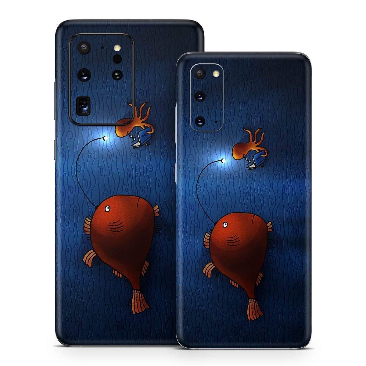 Samsung Galaxy S20 Series Skin design of Deep sea fish, Anglerfish, Illustration, Fish, Animation, Art, with blue, red colors