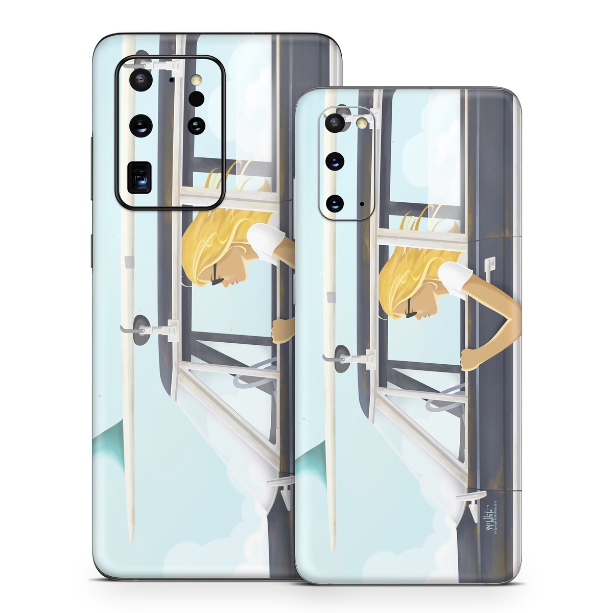 Samsung Galaxy S20 Series Skin design of Vehicle door, Vehicle, Automotive exterior, Automotive design, Car, Headgear, Windshield, Dress, Automotive window part, Family car, with blue, white, gray, yellow colors