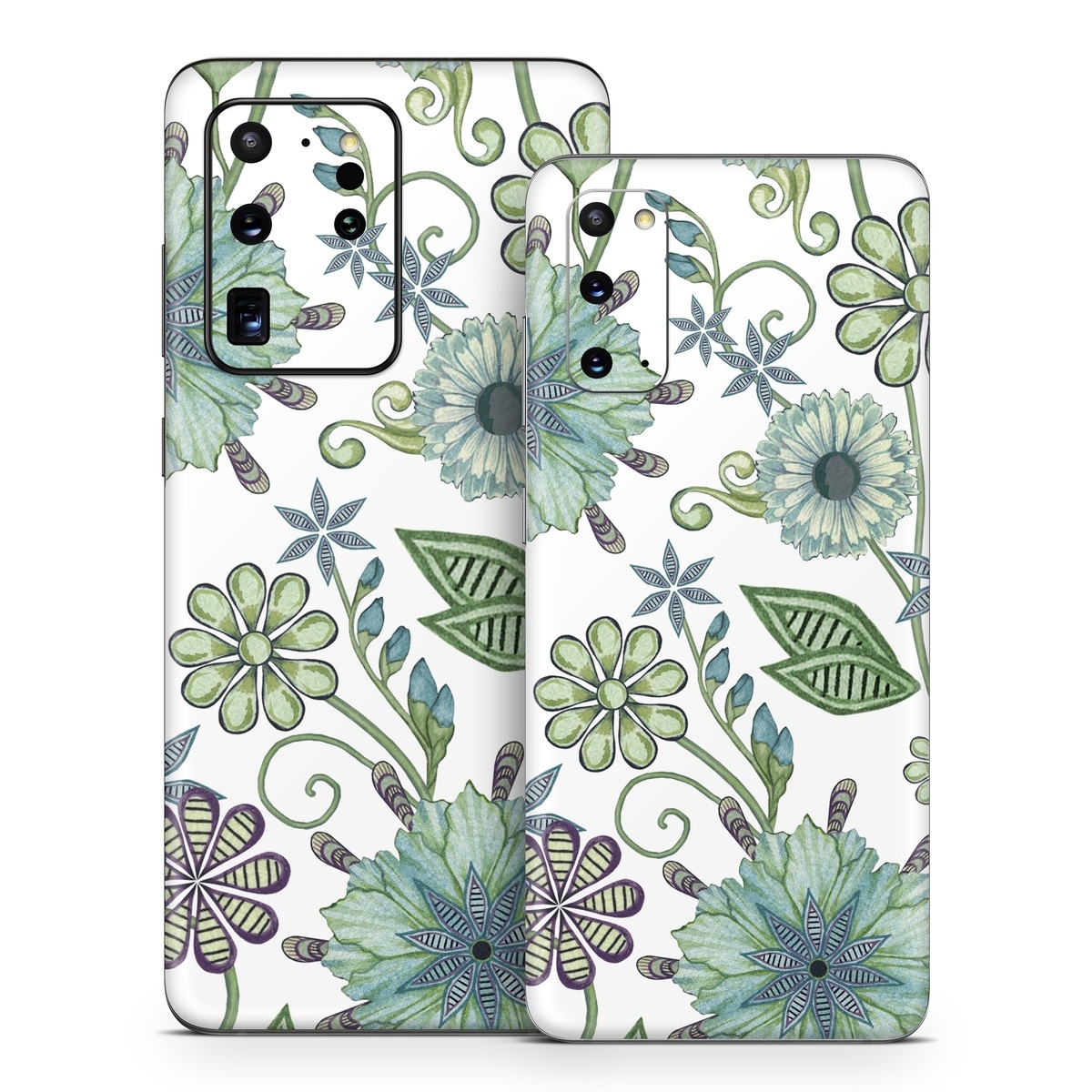 Samsung Galaxy S20 Series Skin design of Green, Pattern, Flower, Botany, Plant, Leaf, Design, Wildflower, with white, green, blue colors