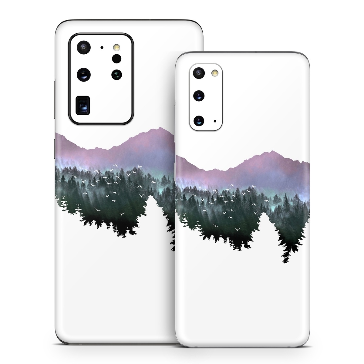 Samsung Galaxy S20 Series Skin design of Nature, Mountainous landforms, Mountain, Atmospheric phenomenon, Tree, Wilderness, Sky, Mountain range, Forest, Hill, with white, black, purple, blue, green colors