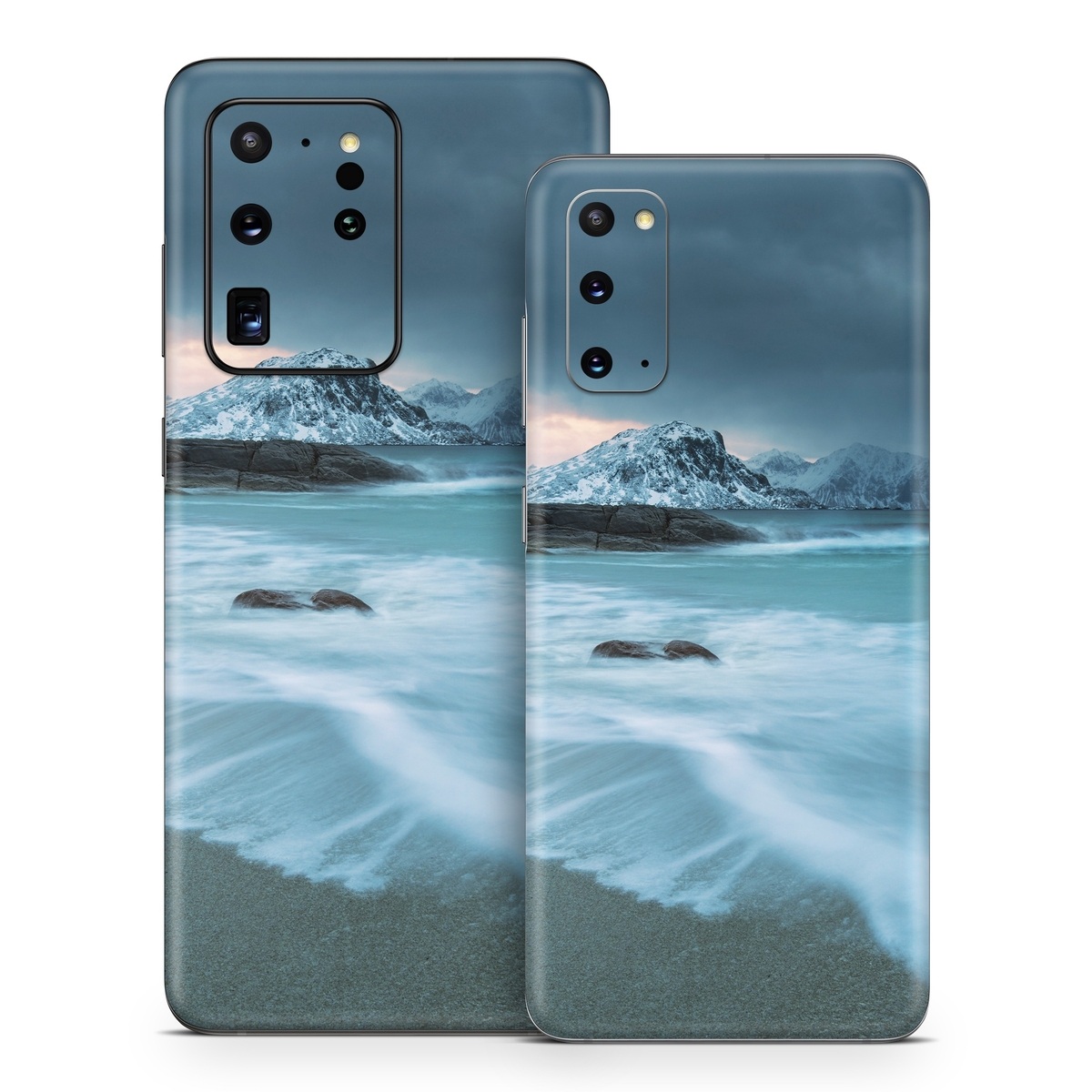 Samsung Galaxy S20 Series Skin design of Body of water, Sky, Nature, Sea, Ocean, Wave, Blue, Water, Coast, Wind wave, with white, blue, black, orange colors