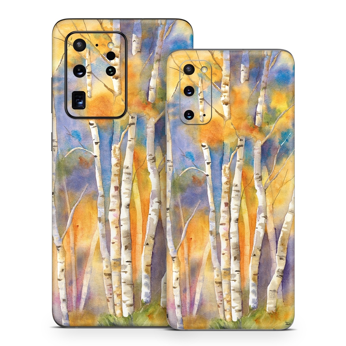 Samsung Galaxy S20 Series Skin design of Canoe birch, Watercolor paint, Tree, Birch, Woody plant, Painting, Plant, Birch family, Paint, Trunk, with orange, yellow, green, white, purple, blue colors
