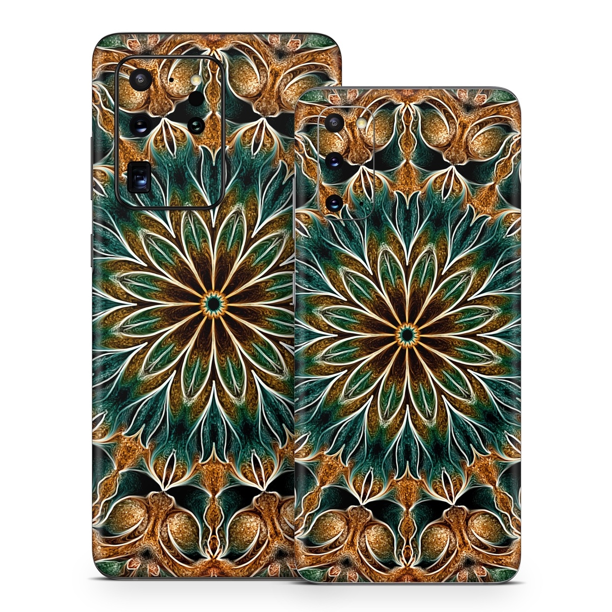 Samsung Galaxy S20 Series Skin design of Pattern, Symmetry, Textile, Art, Psychedelic art, Tapestry, Design, Visual arts, Kaleidoscope, Motif, with green, orange, yellow, brown, red colors