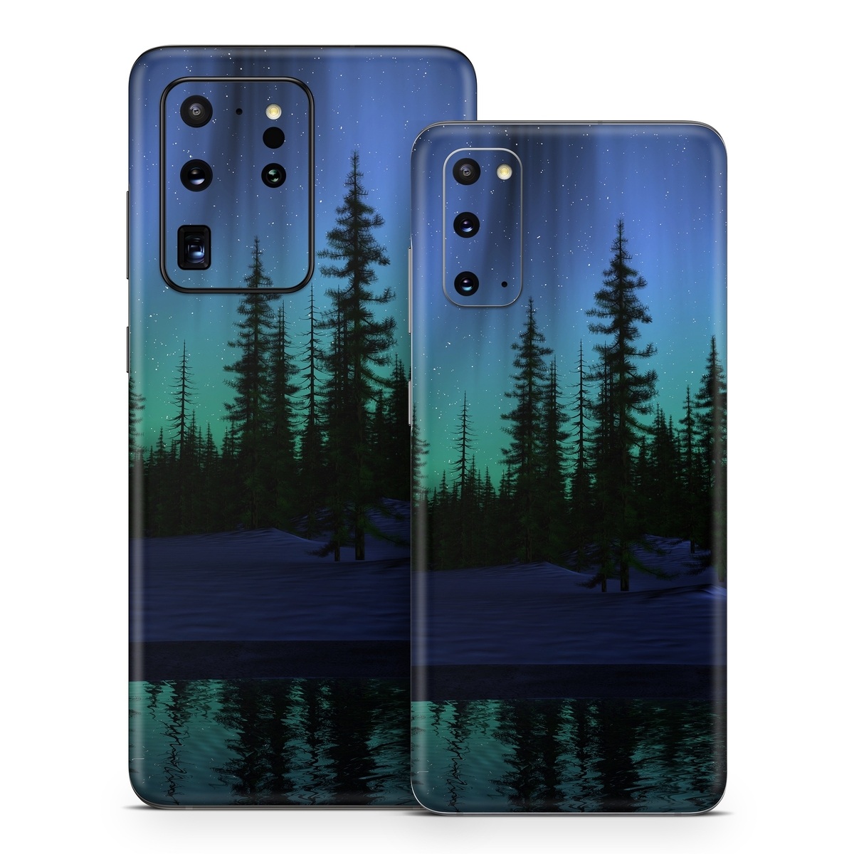 Samsung Galaxy S20 Series Skin design of Aurora, Nature, Sky, shortleaf black spruce, Natural landscape, Tree, Wilderness, Natural environment, Biome, Spruce-fir forest, with blue, purple, green, black colors
