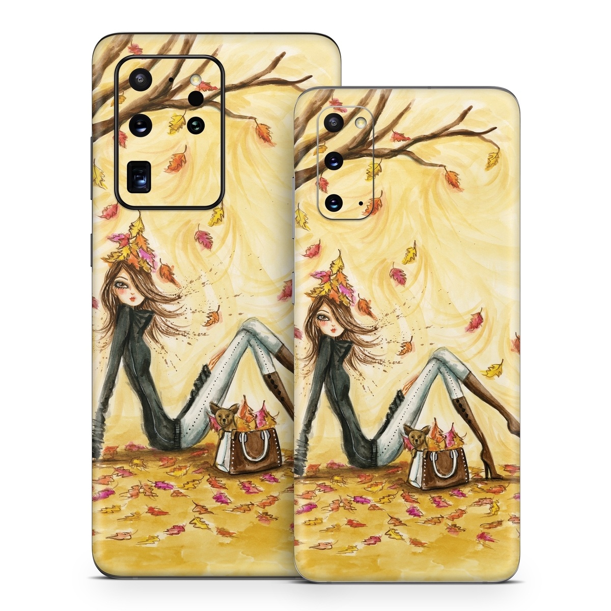 Samsung Galaxy S20 Series Skin design of Painting, Watercolor paint, Tree, Art, Illustration, Plant, Modern art, Visual arts, Still life, Fictional character, with yellow, red, brown, orange, black, white colors