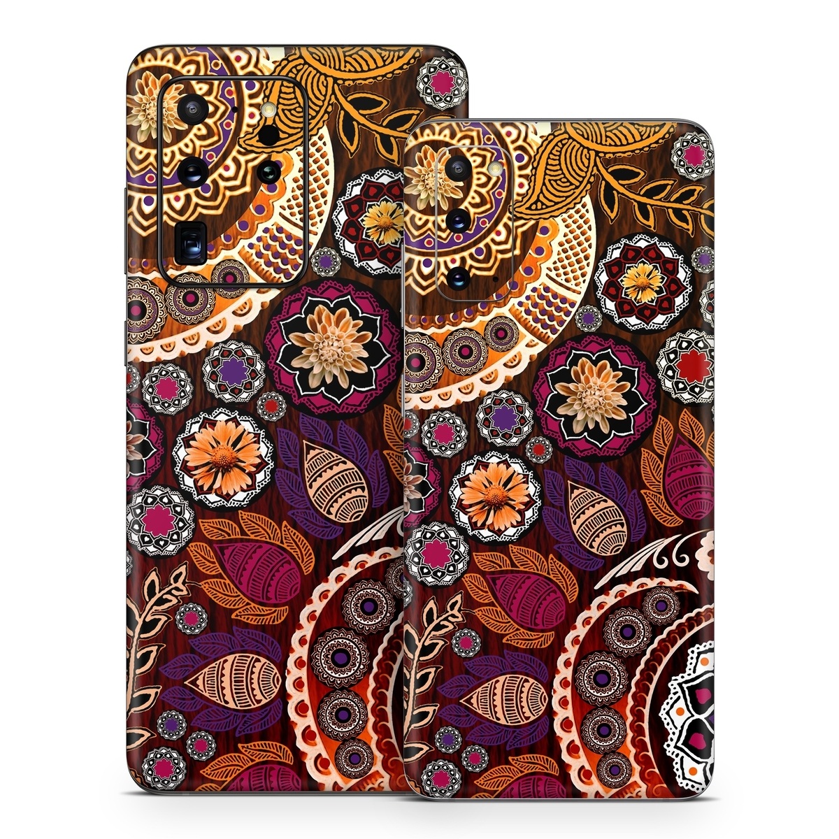 Samsung Galaxy S20 Series Skin design of Pattern, Motif, Visual arts, Design, Art, Floral design, Textile, Paisley, Tapestry, Circle, with brown, purple, red, white, black colors