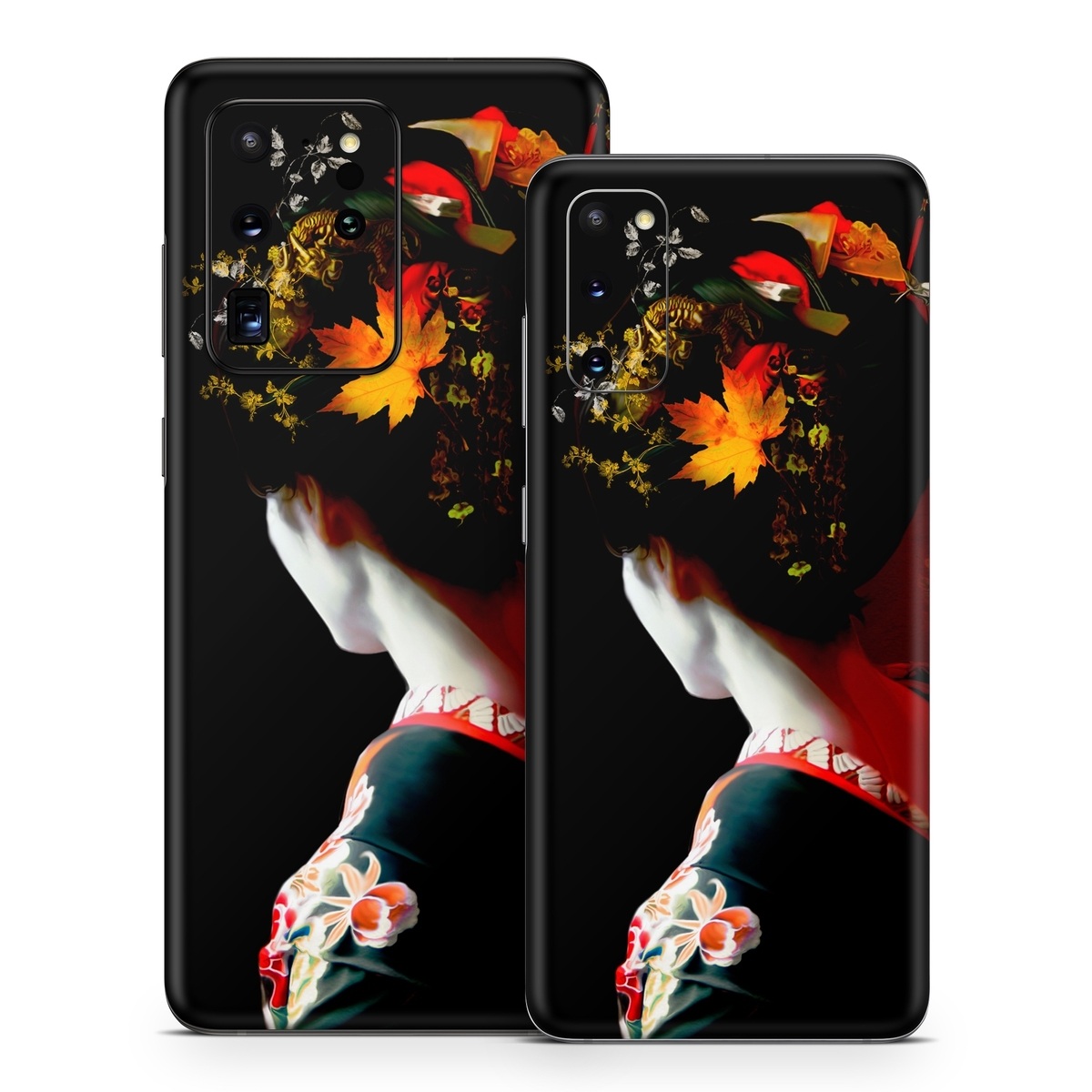 Samsung Galaxy S20 Series Skin design of Geisha, Red, Flower, Plant, Headgear, Photography, Peking opera, Costume, Headpiece, Art, with black, red, orange, yellow, white colors
