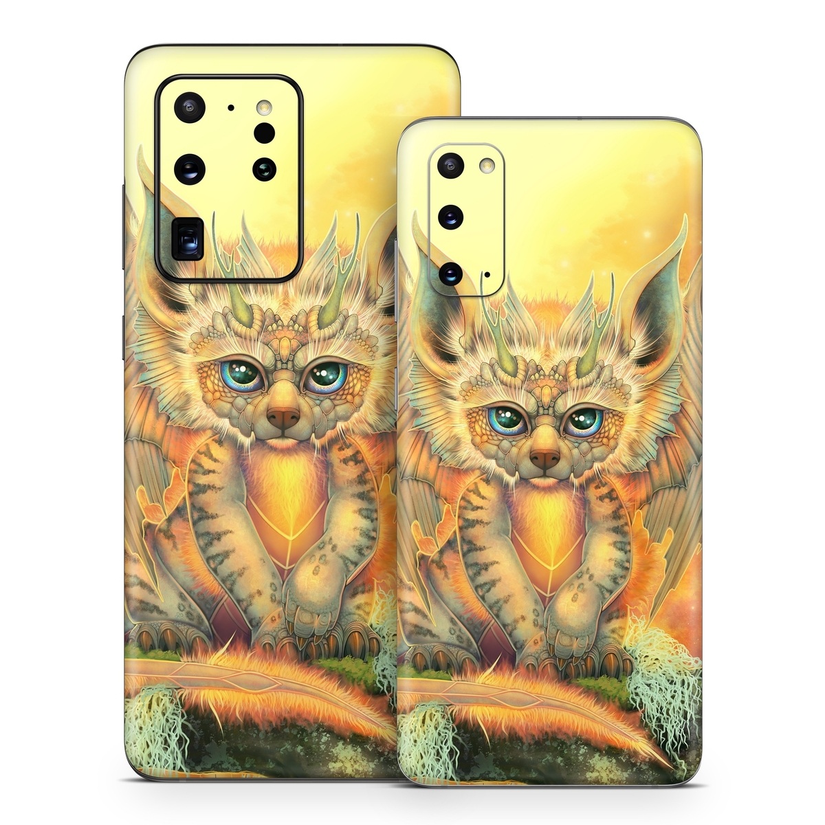 Samsung Galaxy S20 Series Skin design of Nature, Mammal, Art, Fawn, Owl, Illustration, Tail, Fictional character, Visual arts, Terrestrial animal, with yellow, orange, green, white, black colors