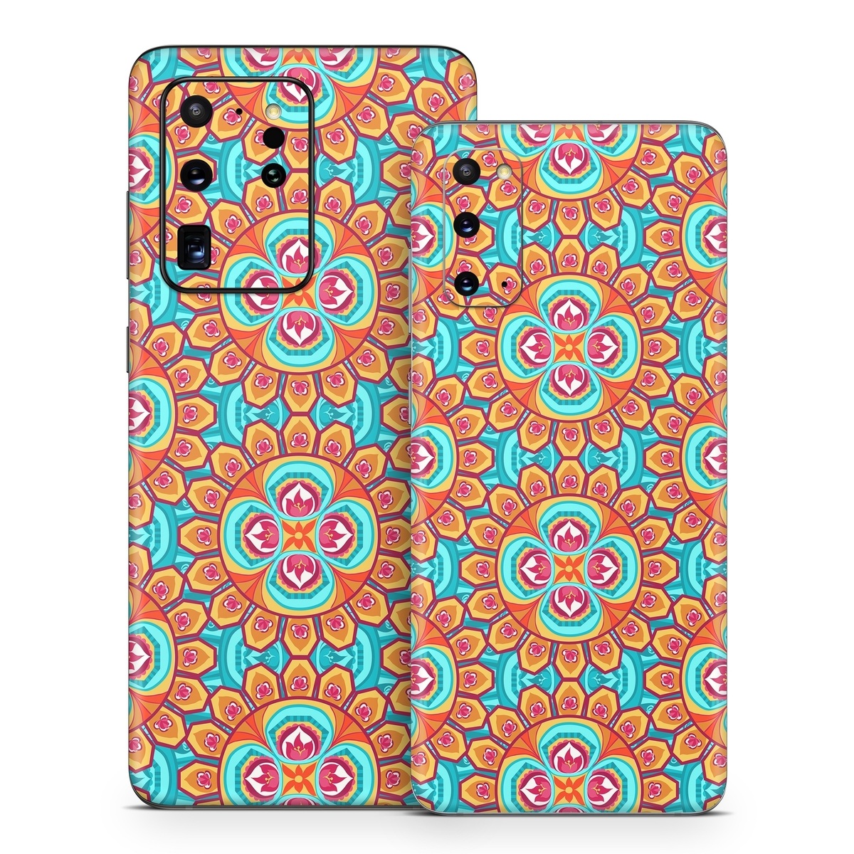 Samsung Galaxy S20 Series Skin design of Pattern, Orange, Design, Textile, Wrapping paper, Visual arts, Motif, Circle, Art, with blue, orange, red, yellow colors