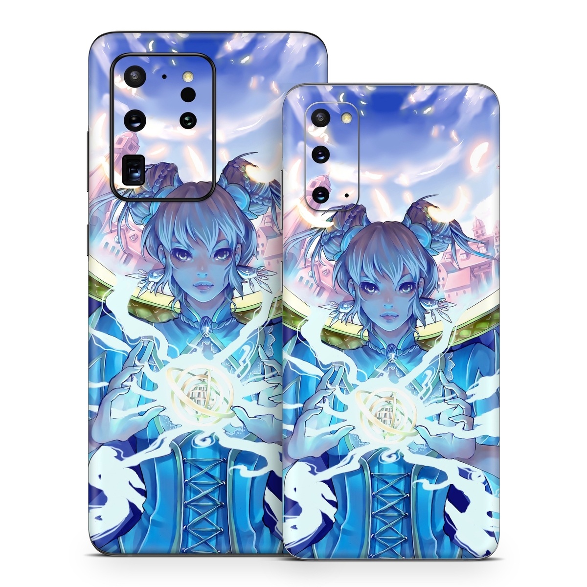 Samsung Galaxy S20 Series Skin design of Cg artwork, Anime, Cartoon, Sky, Long hair, Illustration, Fictional character, Black hair, Art, with blue, purple, pink, white, yellow colors
