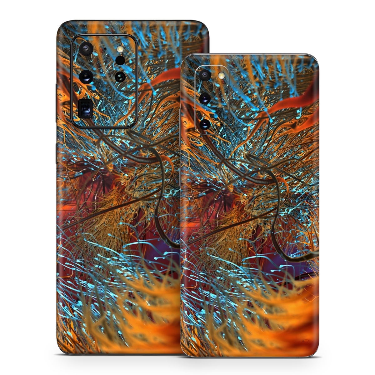Samsung Galaxy S20 Series Skin design of Orange, Tree, Electric blue, Organism, Fractal art, Plant, Art, Graphics, Space, Psychedelic art, with orange, blue, red, yellow, purple colors