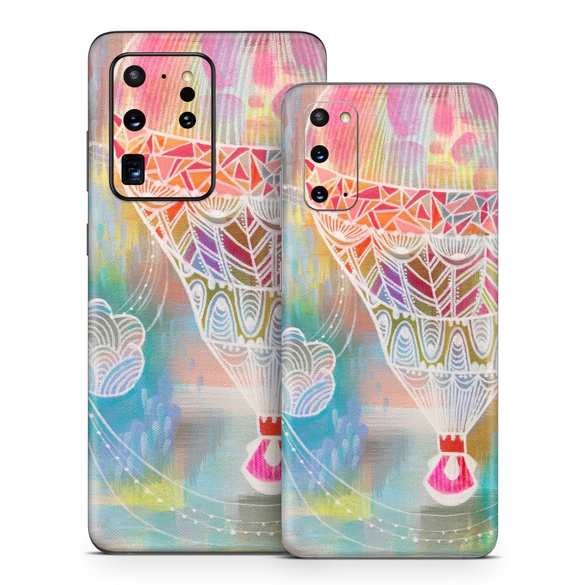 Samsung Galaxy S20 Series Skin design of Hot air balloon, Balloon, Illustration, Pattern, Vehicle, Aerostat, Hot air ballooning, Graphic design, Art, with blue, red, yellow, pink, white colors