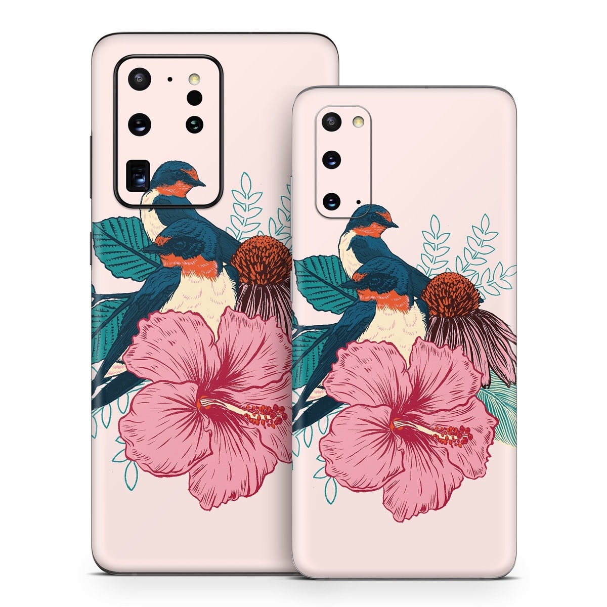 Samsung Galaxy S20 Series Skin design of Bird, Hawaiian hibiscus, Hibiscus, Illustration, Chinese hibiscus, Botany, Flower, Plant, Malvales, Mallow family, with blue, pink, green, yellow, red colors