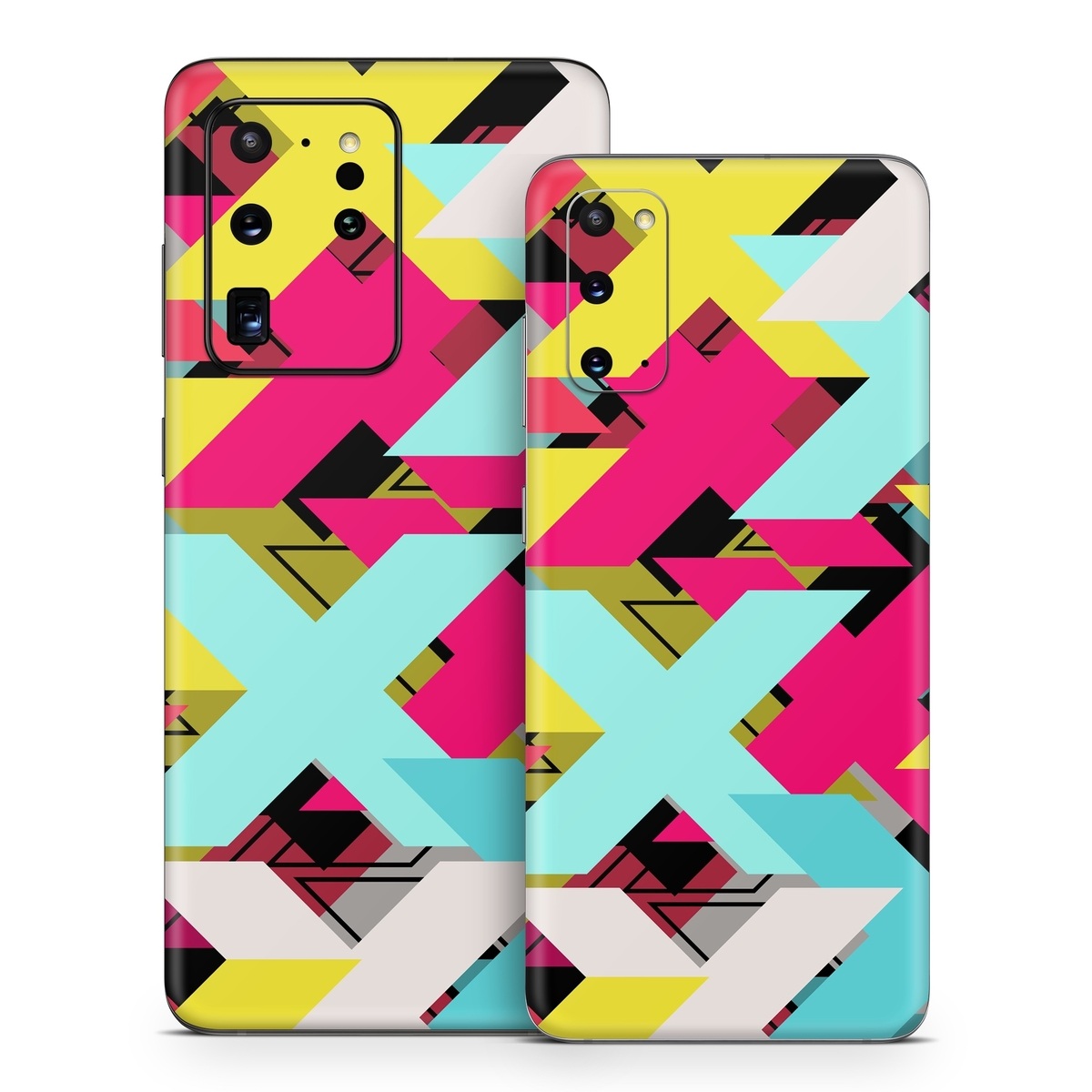 Samsung Galaxy S20 Series Skin design of Pattern, Graphic design, Line, Design, Triangle, Font, Illustration, Magenta, Visual arts, with yellow, blue, white, black, red, pink colors