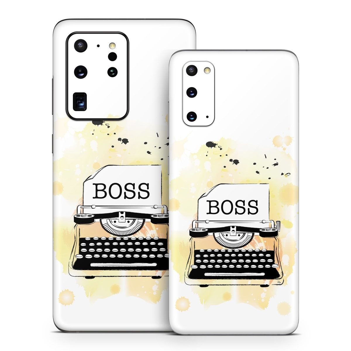 Samsung Galaxy S20 Series Skin design of Font, Office equipment, Art, Typewriter, Illustration, Graphics, Painting, Eyelash, Logo, Line art, with white, black, yellow, orange colors