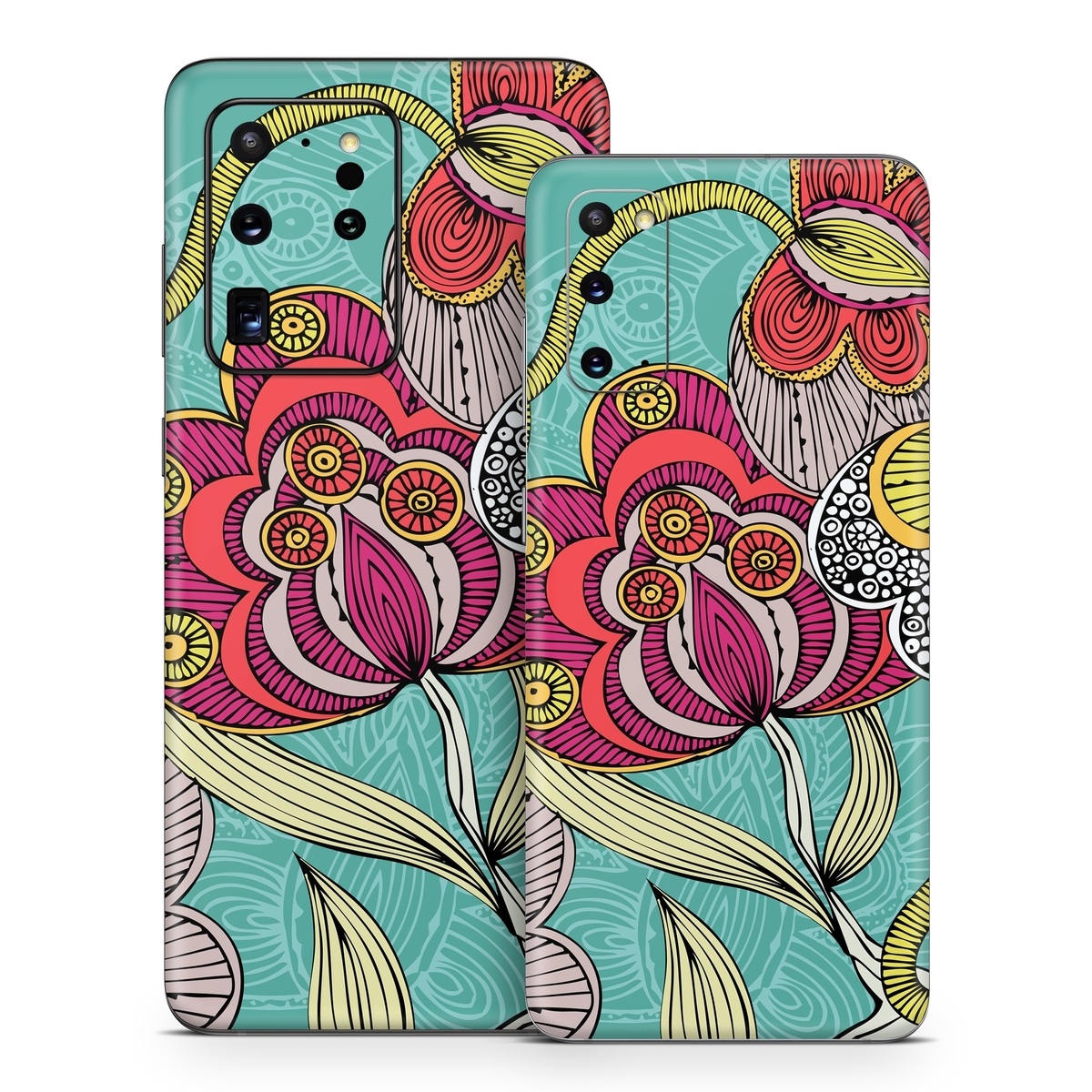 Samsung Galaxy S20 Series Skin design of Pattern, Visual arts, Motif, Floral design, Design, Art, Plant, Flower, Organism, Textile, with red, yellow, blue, gray, pink colors